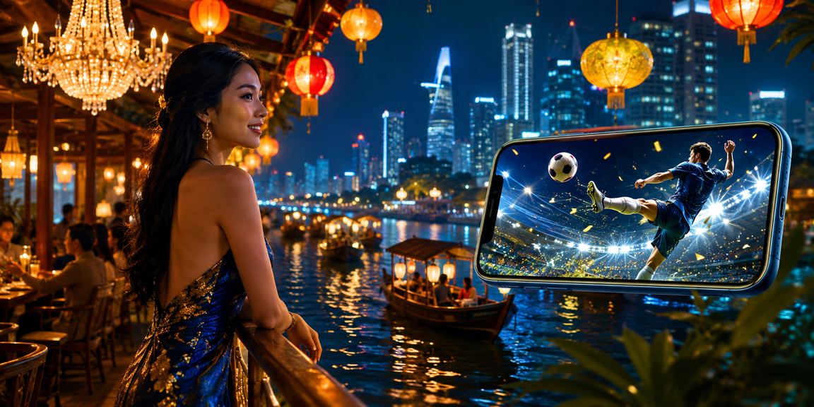 Người dùng chơi casino trực tuyến qua điện thoại tại chợ đêm Mekong